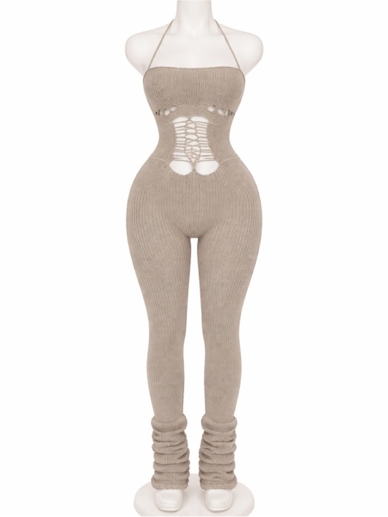 Fashion Nova Pants - Fashion Nova Taupe Knit Lace-Up Halter Jumpsuit
